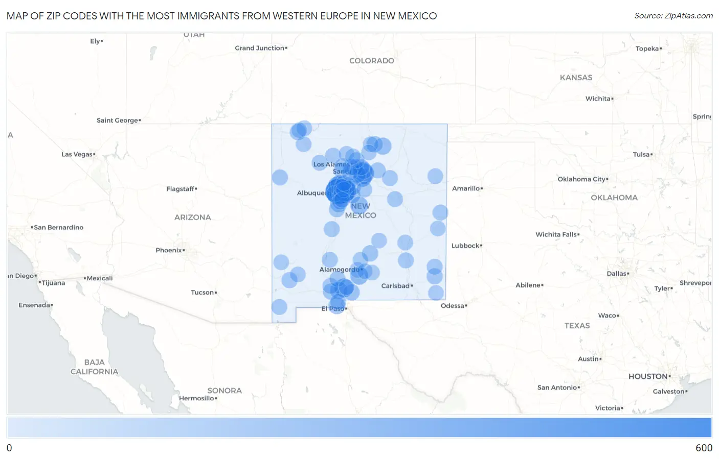 Zip Codes with the Most Immigrants from Western Europe in New Mexico Map