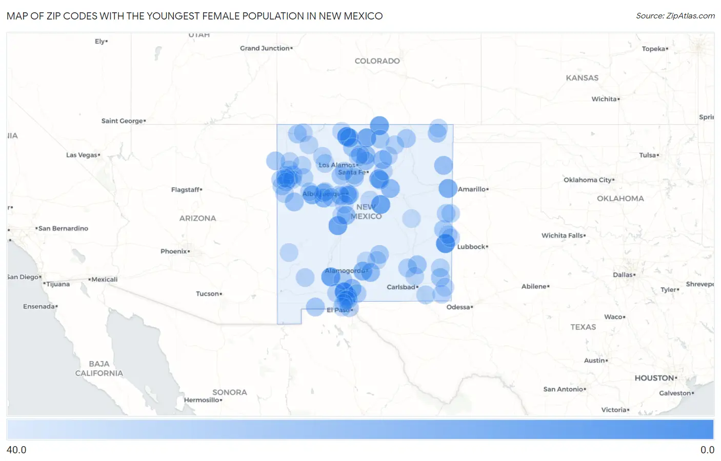 Zip Codes with the Youngest Female Population in New Mexico Map