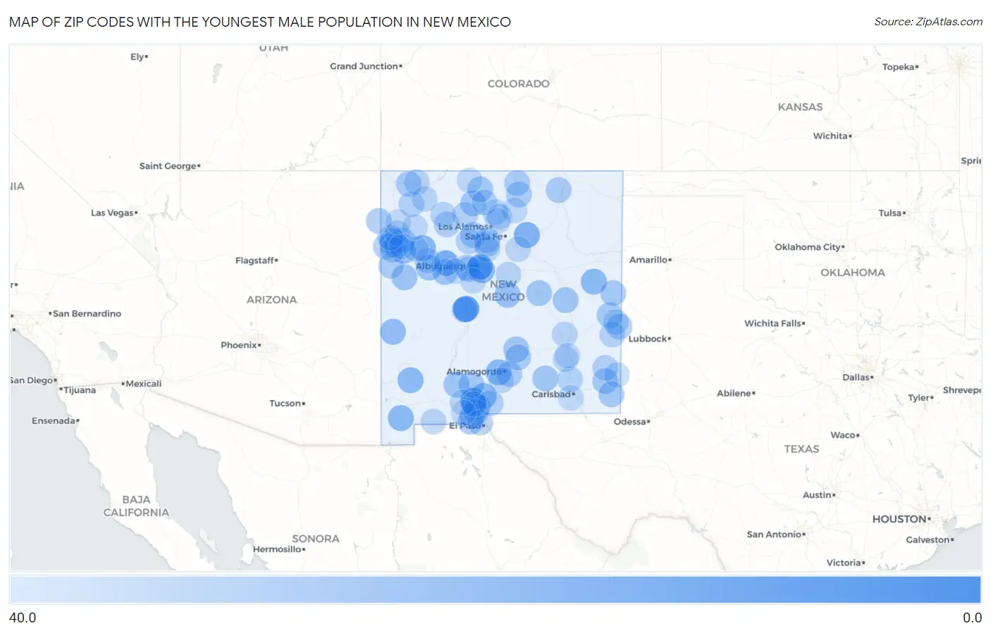 Zip Codes with the Youngest Male Population in New Mexico Map