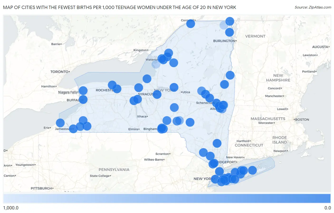 Cities with the Fewest Births per 1,000 Teenage Women Under the Age of 20 in New York Map