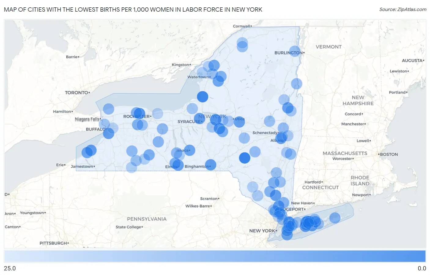Cities with the Lowest Births per 1,000 Women in Labor Force in New York Map