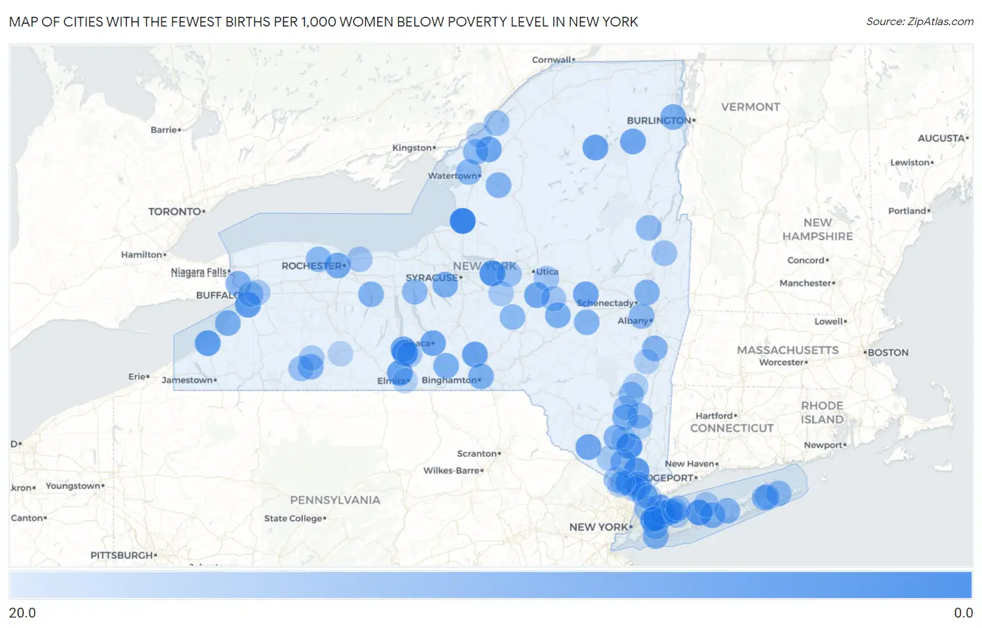 Cities with the Fewest Births per 1,000 Women Below Poverty Level in New York Map