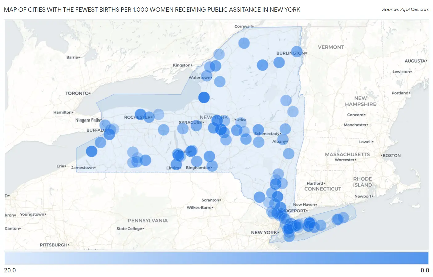 Cities with the Fewest Births per 1,000 Women Receiving Public Assitance in New York Map
