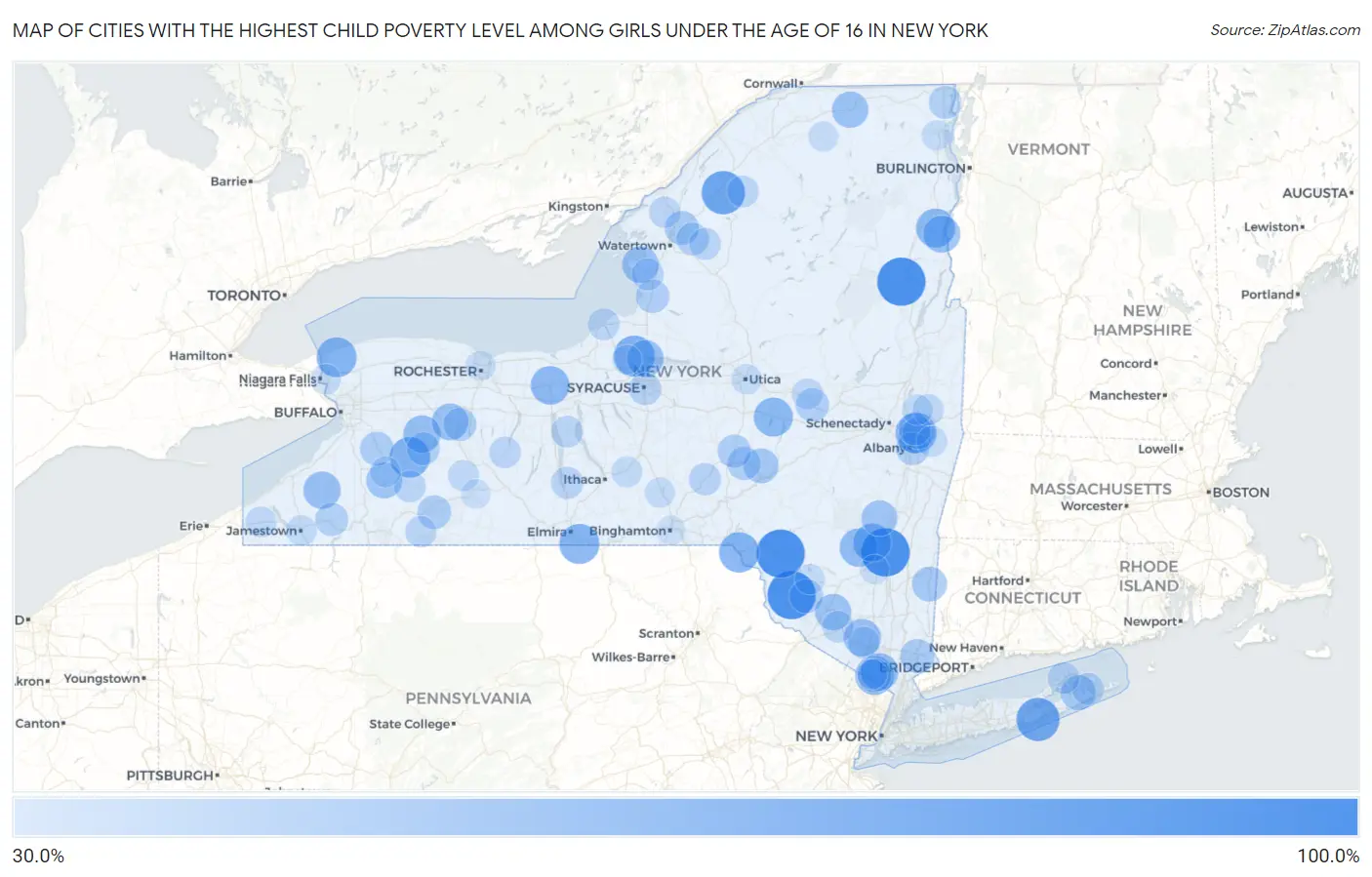 Cities with the Highest Child Poverty Level Among Girls Under the Age of 16 in New York Map