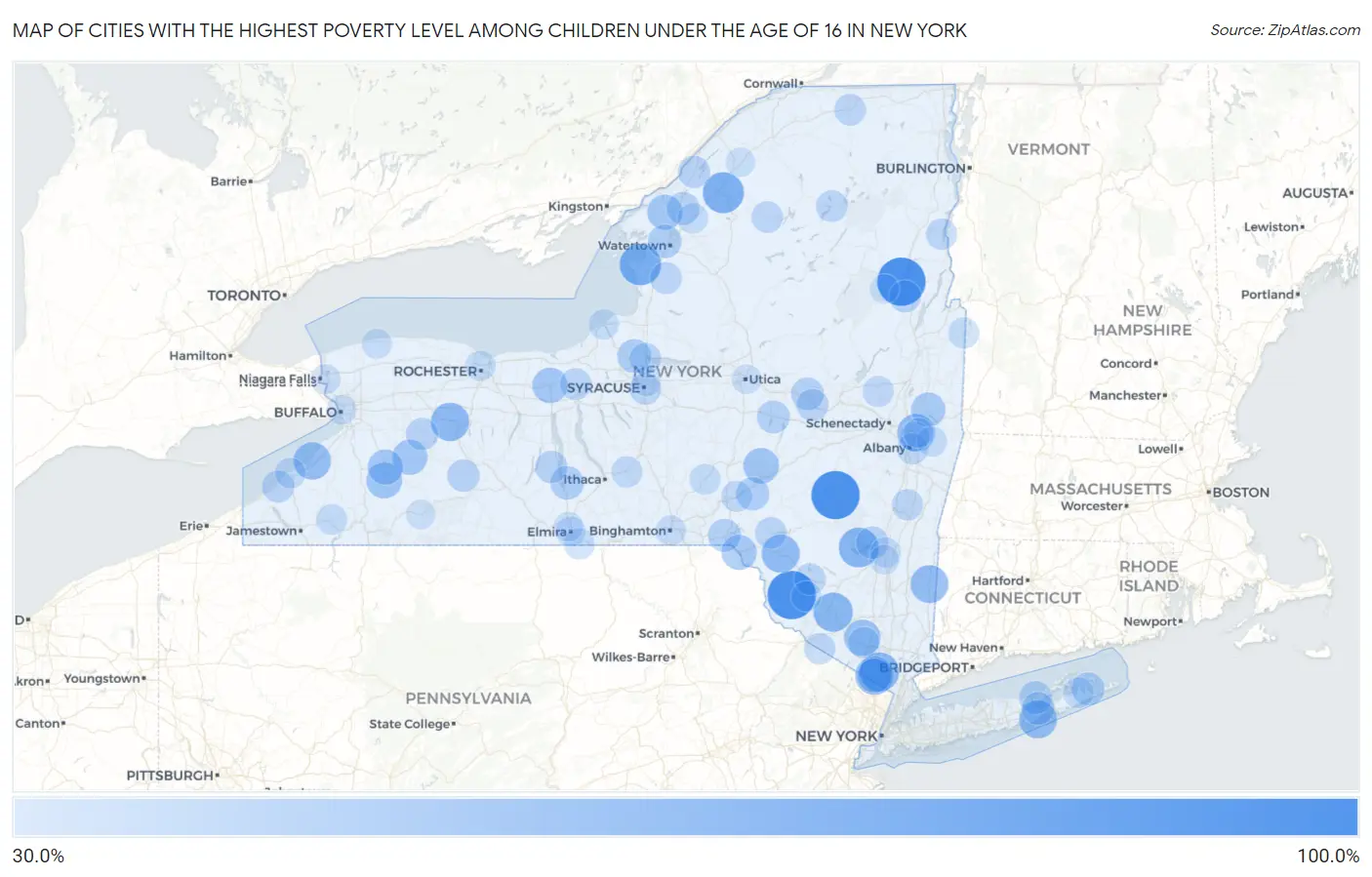 Cities with the Highest Poverty Level Among Children Under the Age of 16 in New York Map