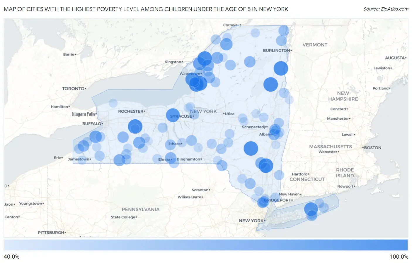 Cities with the Highest Poverty Level Among Children Under the Age of 5 in New York Map