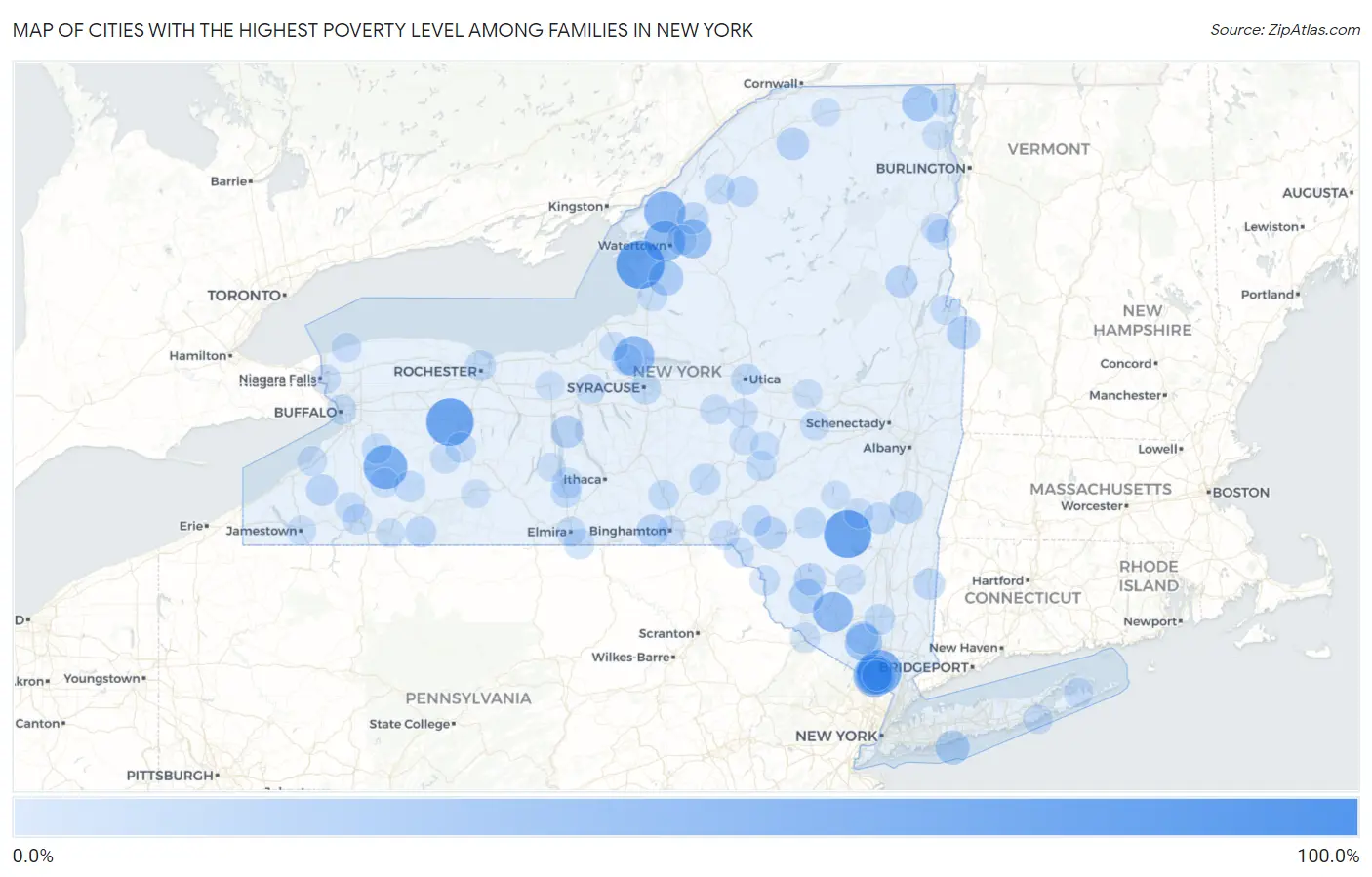 Cities with the Highest Poverty Level Among Families in New York Map
