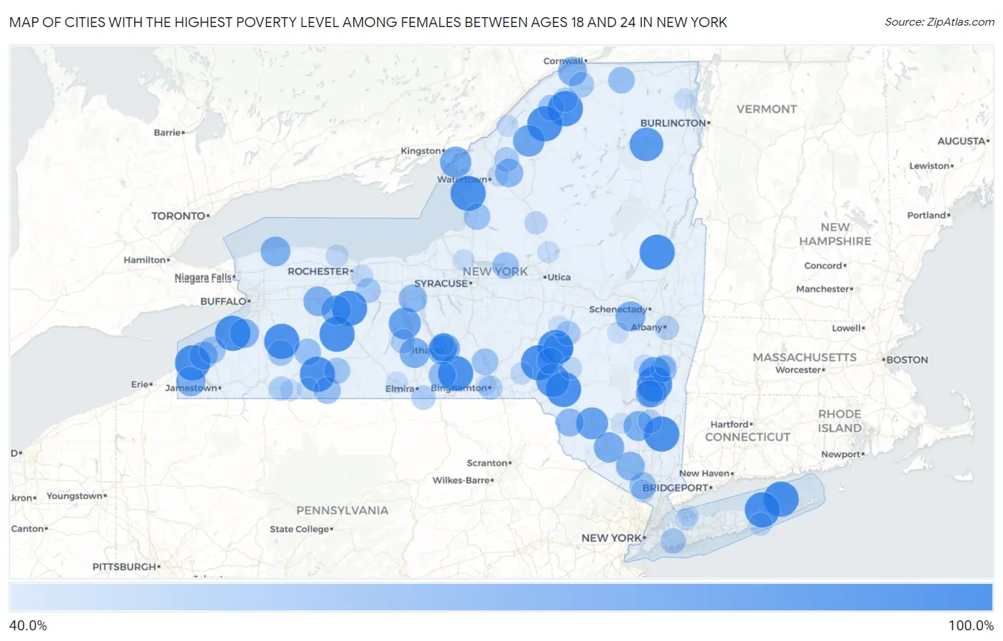 Cities with the Highest Poverty Level Among Females Between Ages 18 and 24 in New York Map