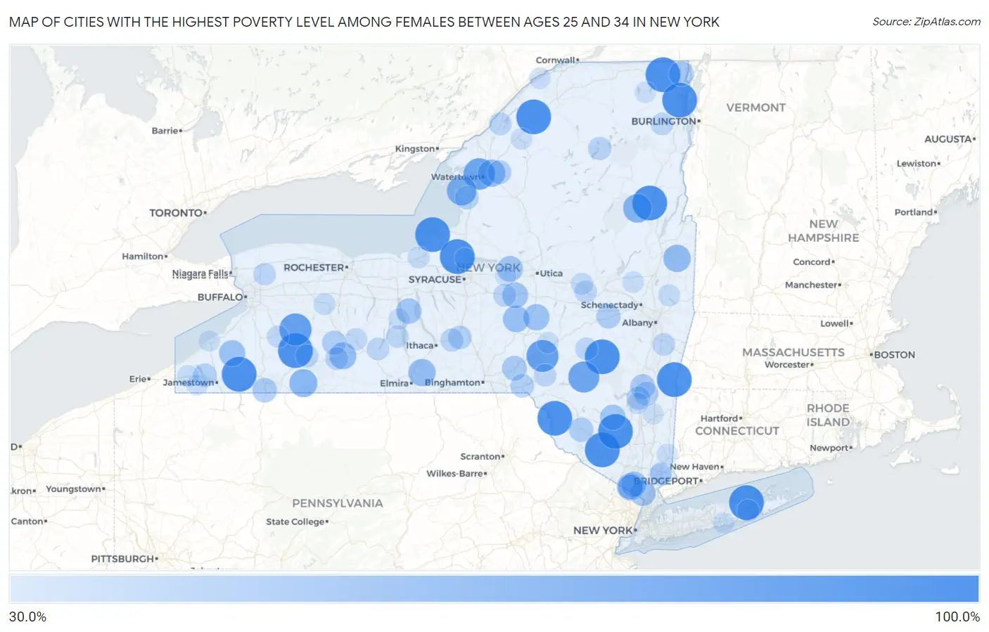 Cities with the Highest Poverty Level Among Females Between Ages 25 and 34 in New York Map