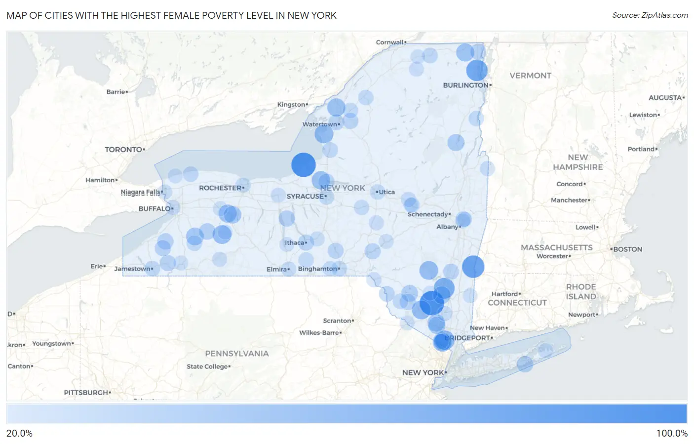 Cities with the Highest Female Poverty Level in New York Map