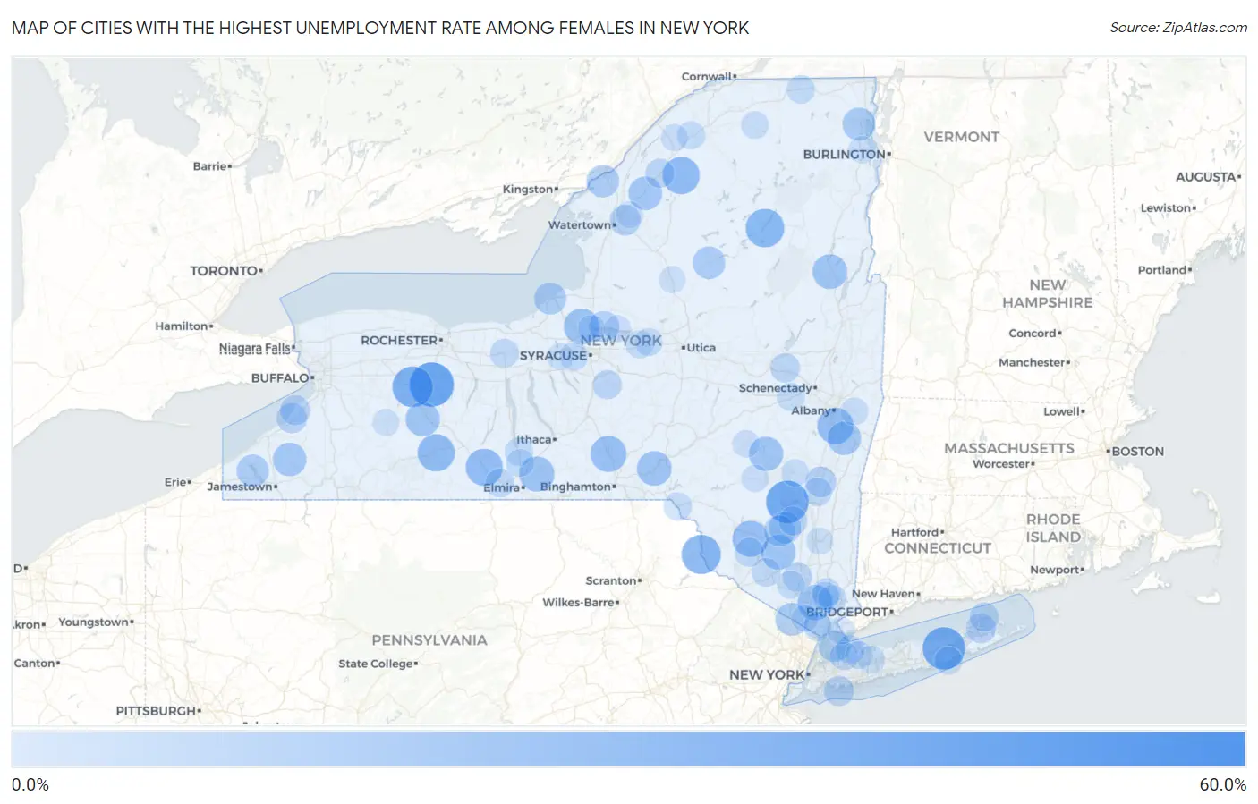 Cities with the Highest Unemployment Rate Among Females in New York Map