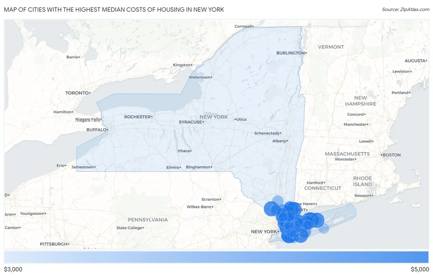 Cities with the Highest Median Costs of Housing in New York Map
