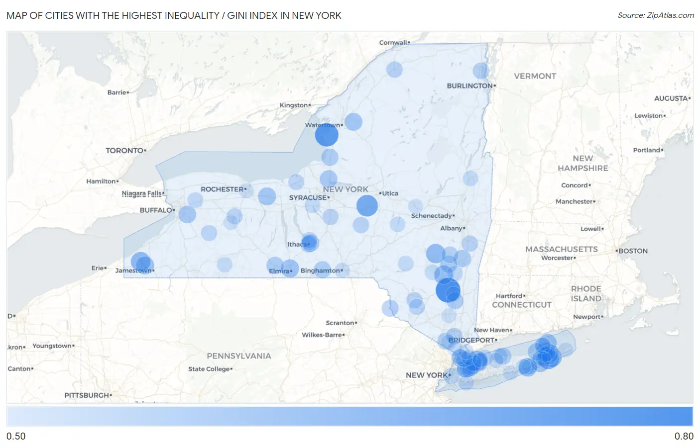 Cities with the Highest Inequality / Gini Index in New York Map