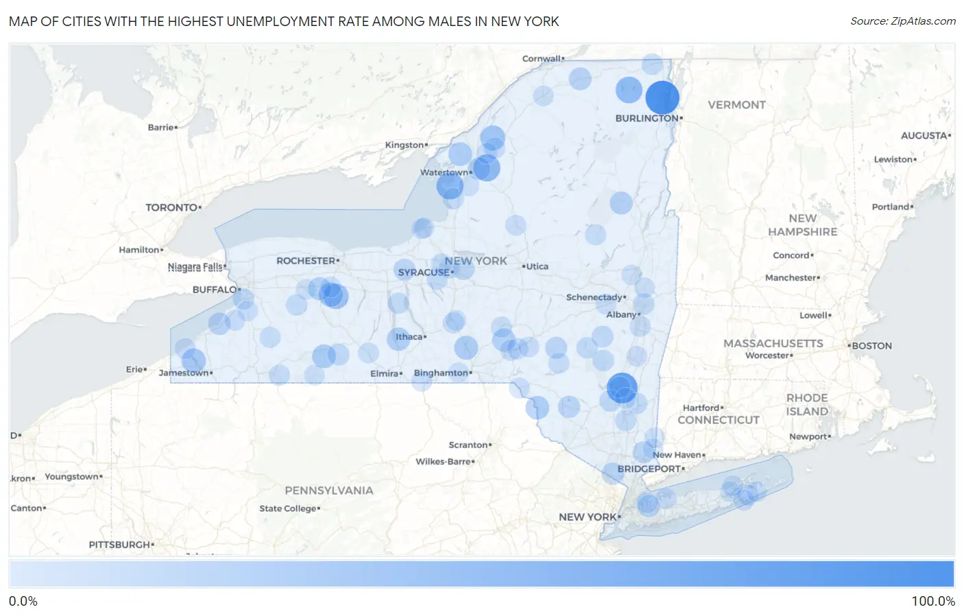 Cities with the Highest Unemployment Rate Among Males in New York Map