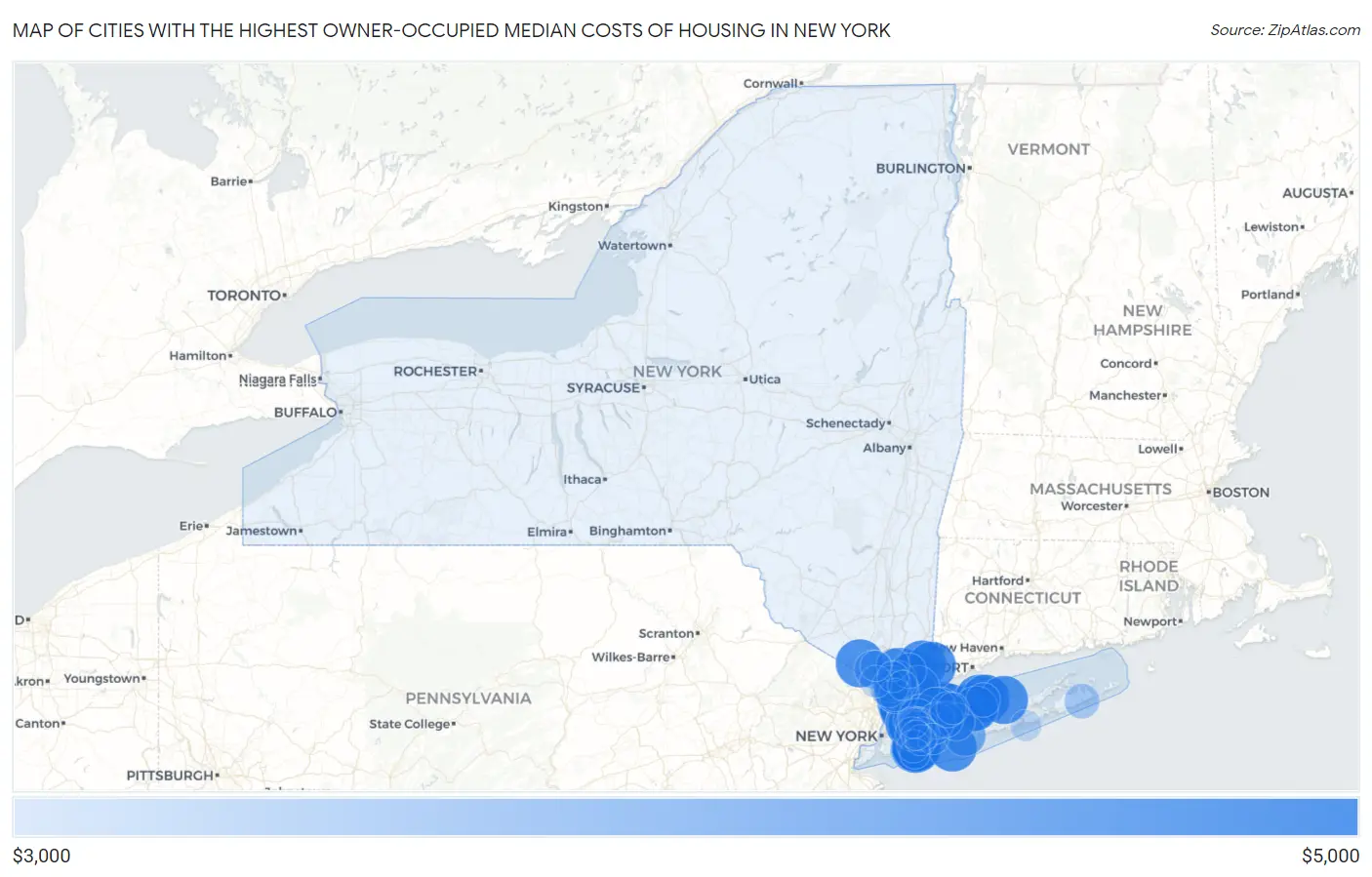 Cities with the Highest Owner-Occupied Median Costs of Housing in New York Map