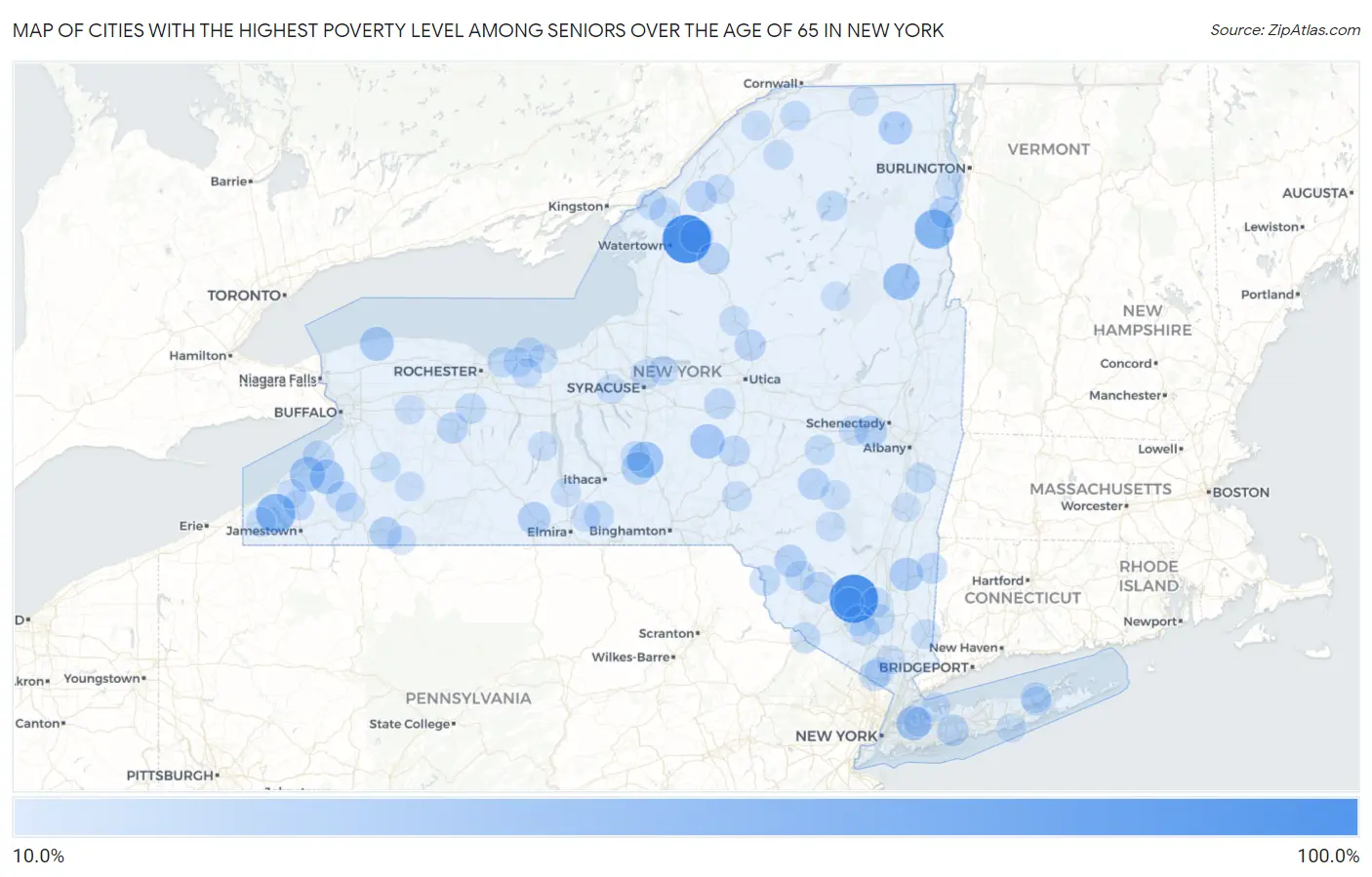Cities with the Highest Poverty Level Among Seniors Over the Age of 65 in New York Map