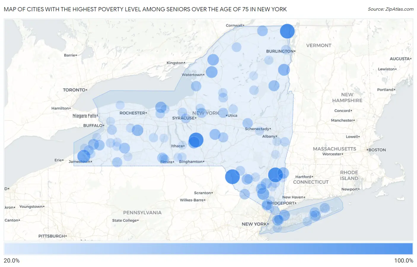 Cities with the Highest Poverty Level Among Seniors Over the Age of 75 in New York Map
