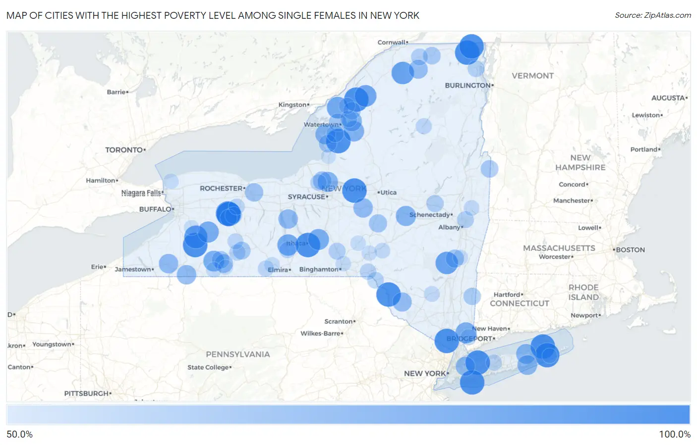Cities with the Highest Poverty Level Among Single Females in New York Map