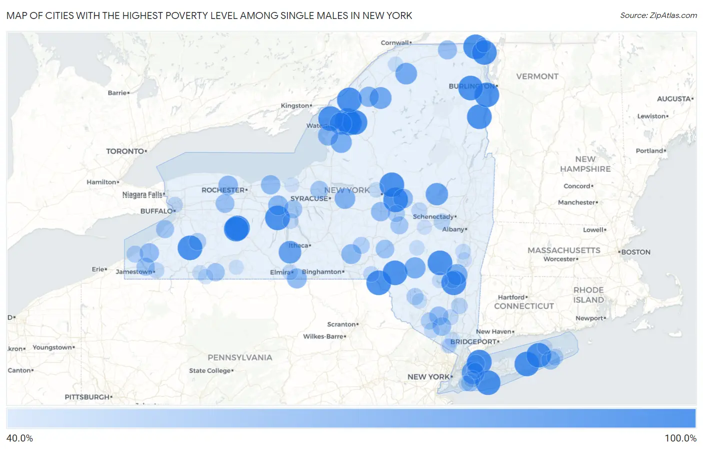 Cities with the Highest Poverty Level Among Single Males in New York Map
