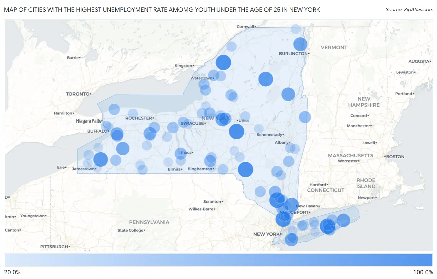 Cities with the Highest Unemployment Rate Amomg Youth Under the Age of 25 in New York Map
