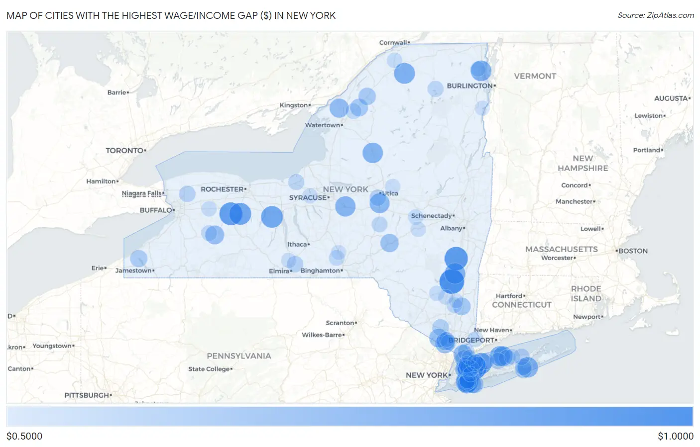 Cities with the Highest Wage/Income Gap ($) in New York Map