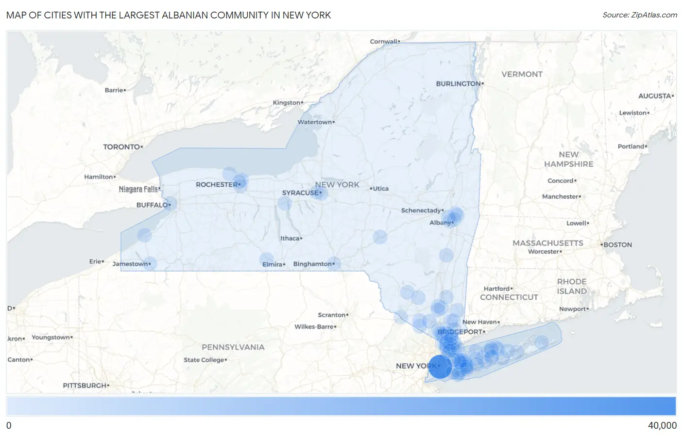 Cities with the Largest Albanian Community in New York Map