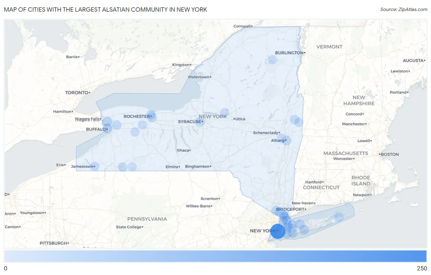Cities with the Largest Alsatian Community in New York Map