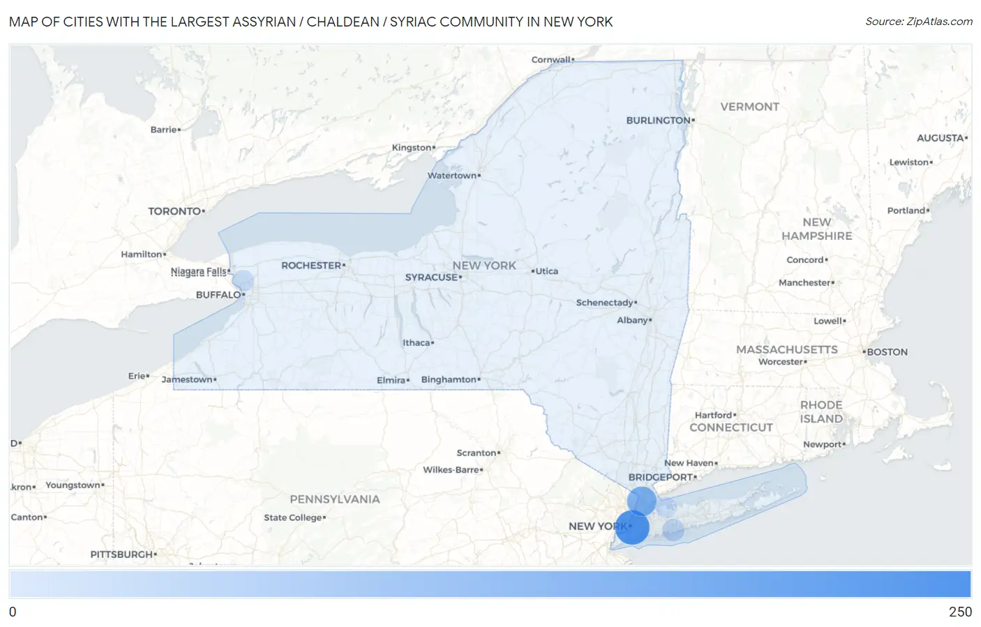 Cities with the Largest Assyrian / Chaldean / Syriac Community in New York Map