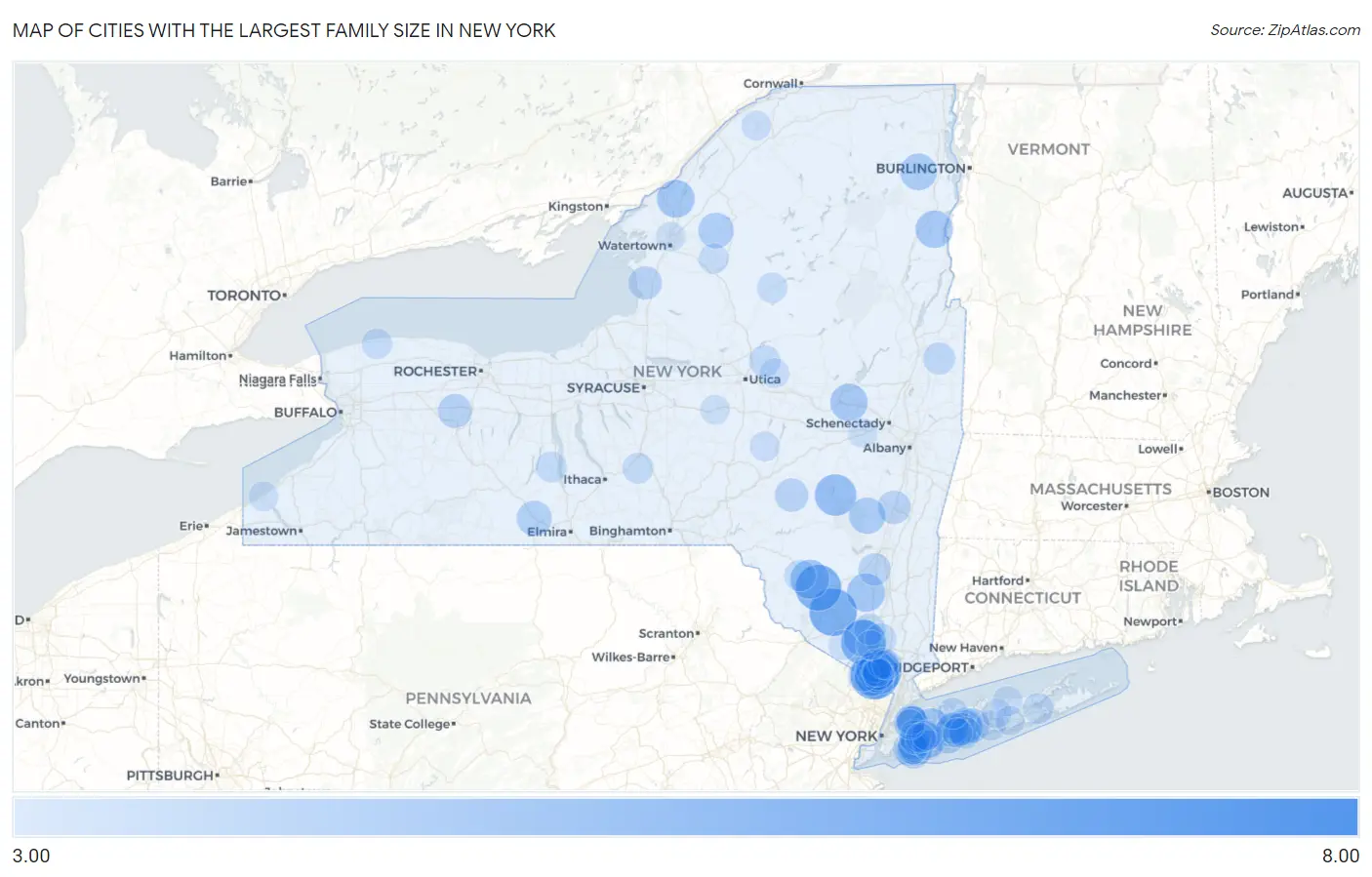 Cities with the Largest Family Size in New York Map