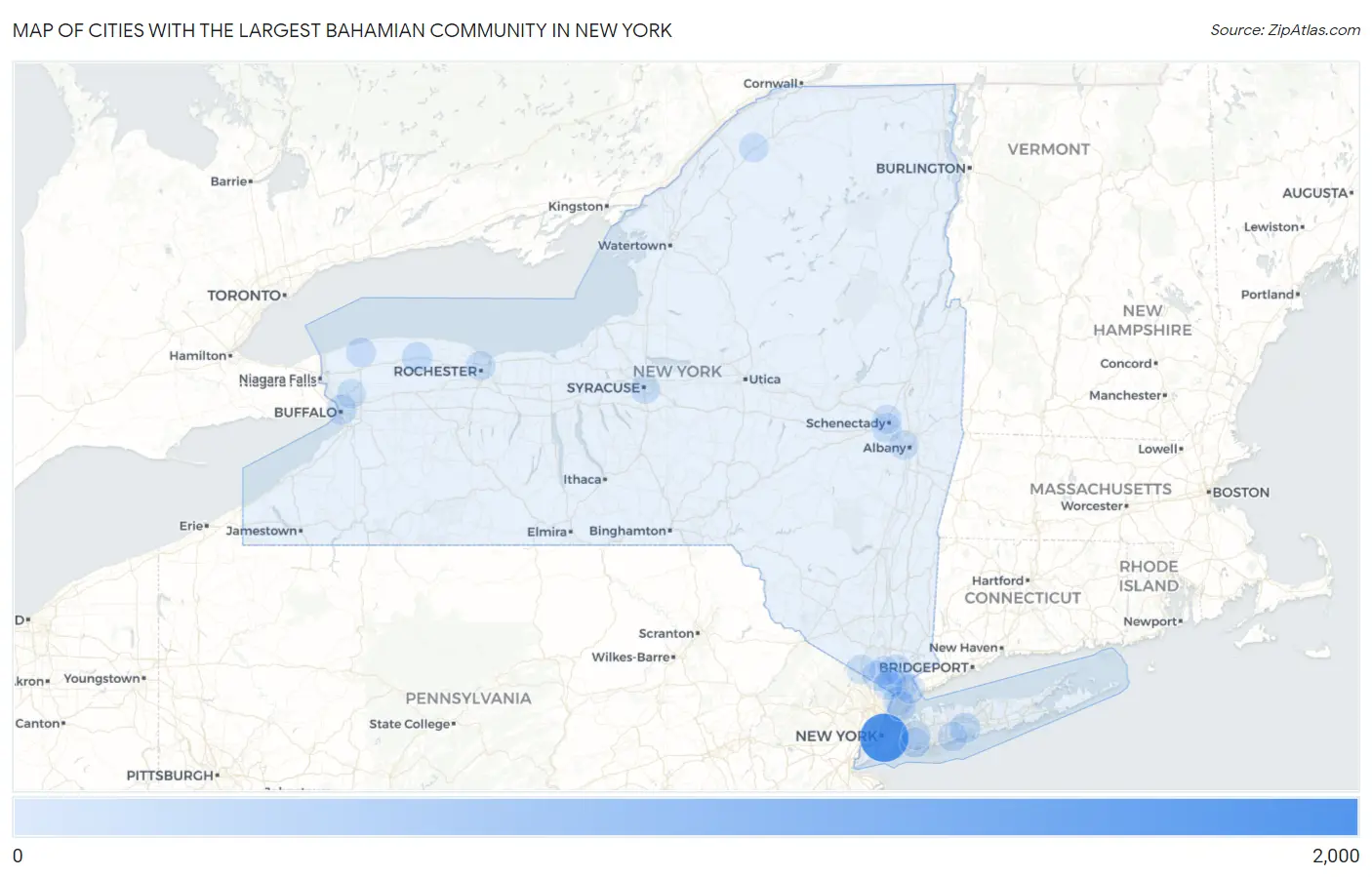 Cities with the Largest Bahamian Community in New York Map