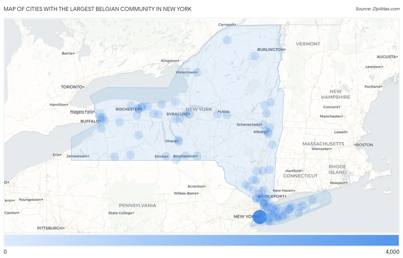 Cities with the Largest Belgian Community in New York Map