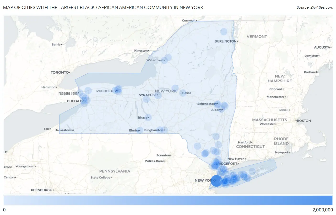 Cities with the Largest Black / African American Community in New York Map