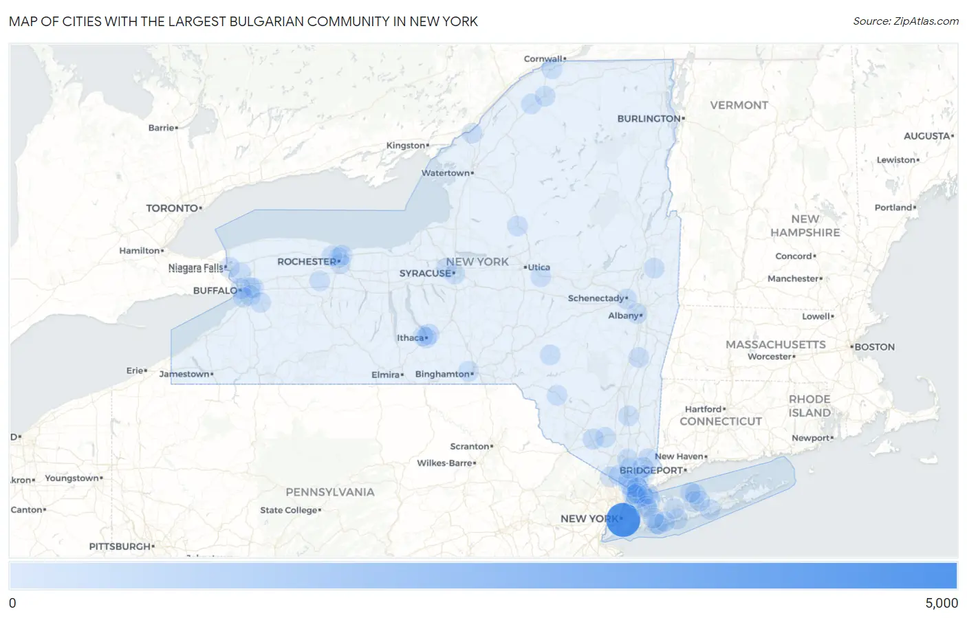 Cities with the Largest Bulgarian Community in New York Map