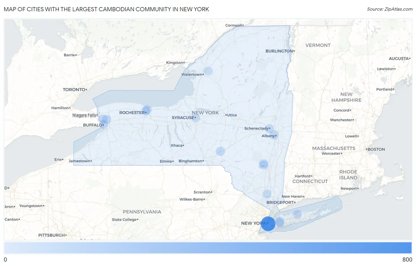 Cities with the Largest Cambodian Community in New York Map