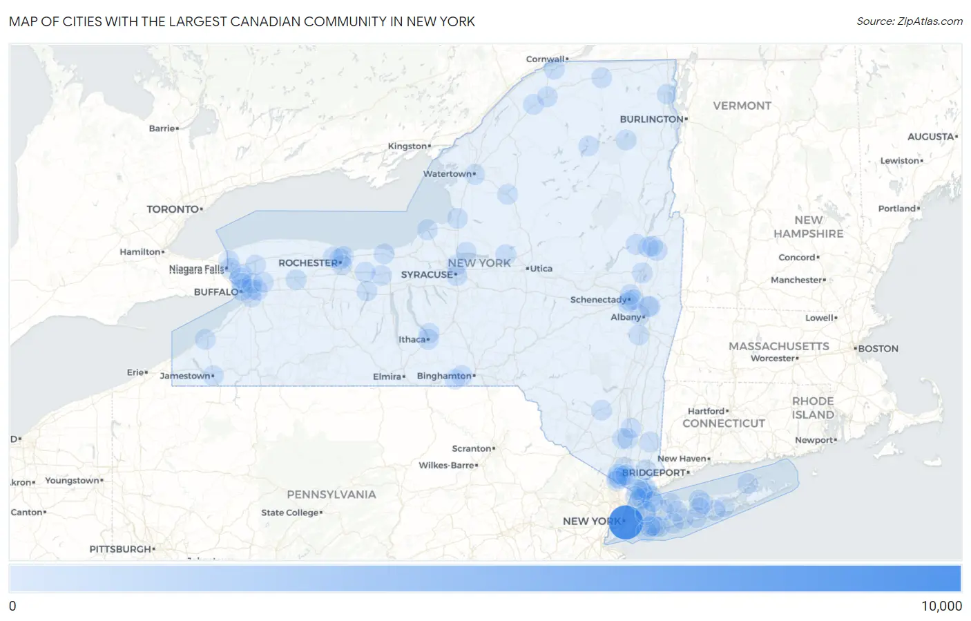 Cities with the Largest Canadian Community in New York Map