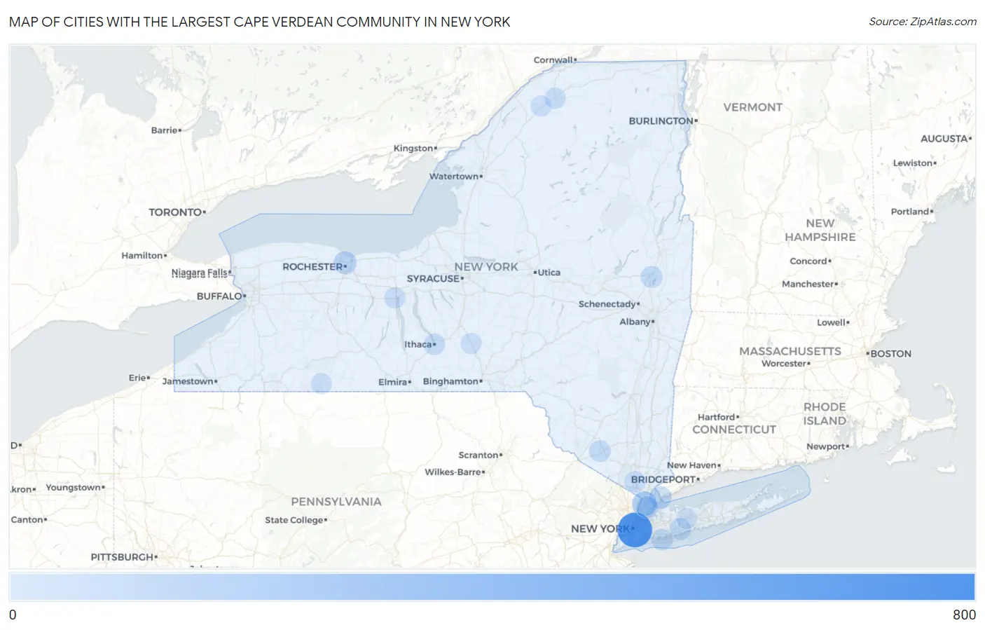 Cities with the Largest Cape Verdean Community in New York Map
