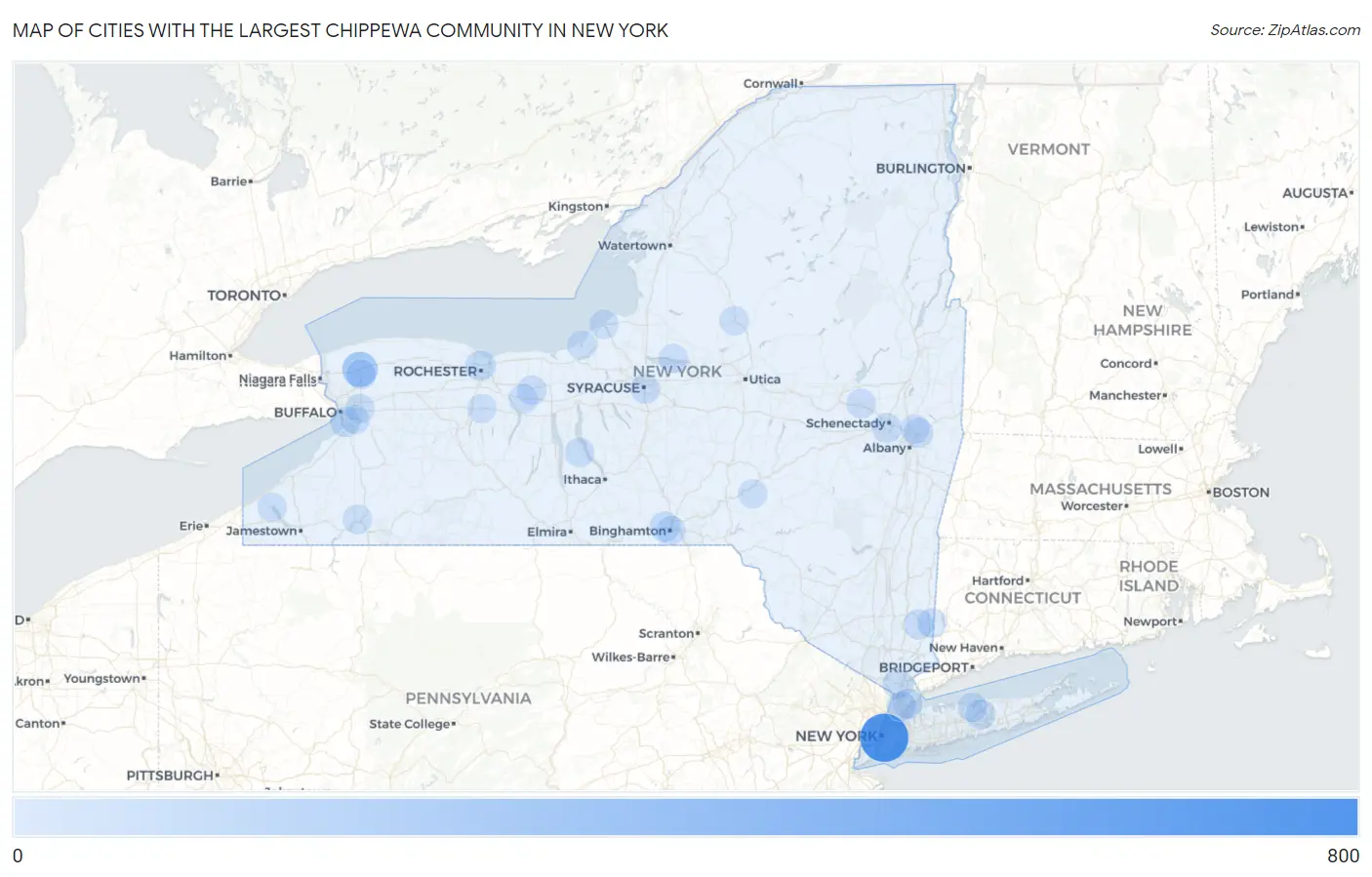 Cities with the Largest Chippewa Community in New York Map