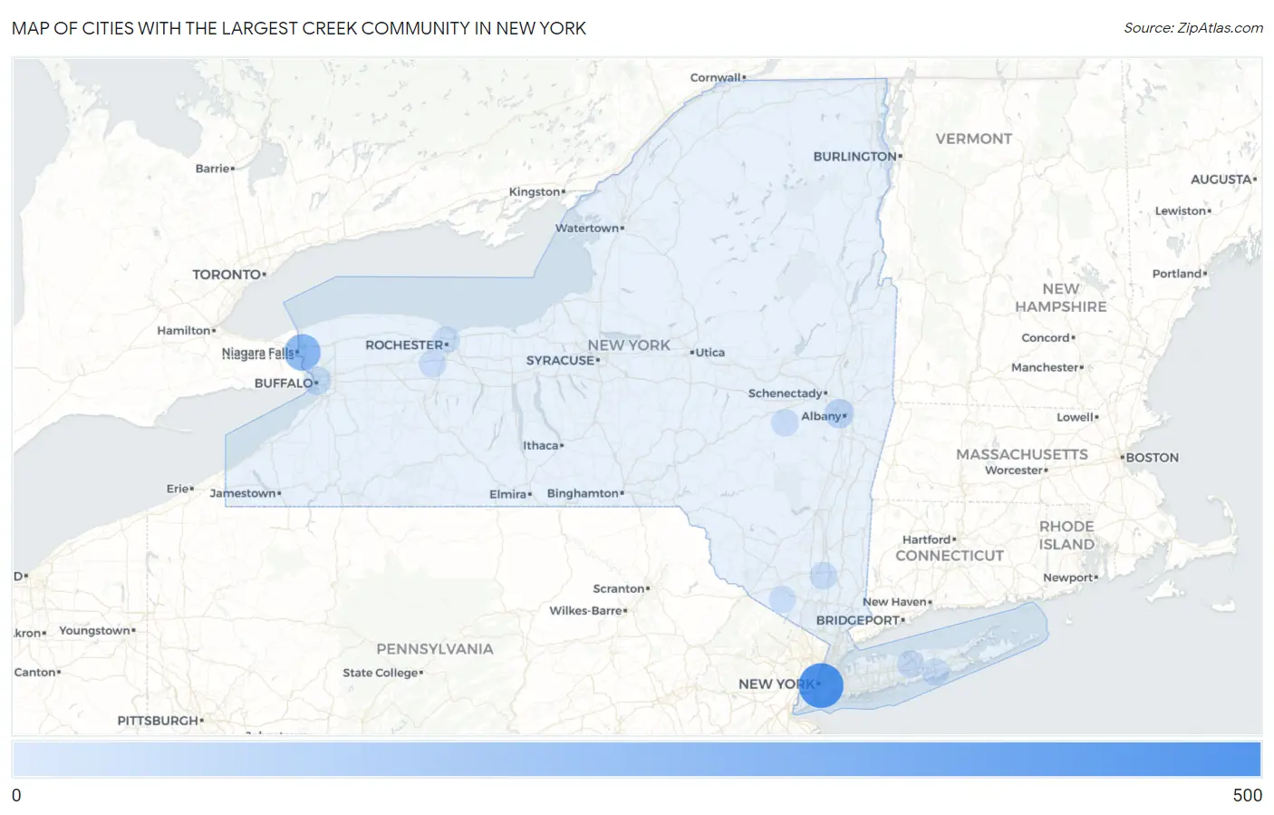Cities with the Largest Creek Community in New York Map