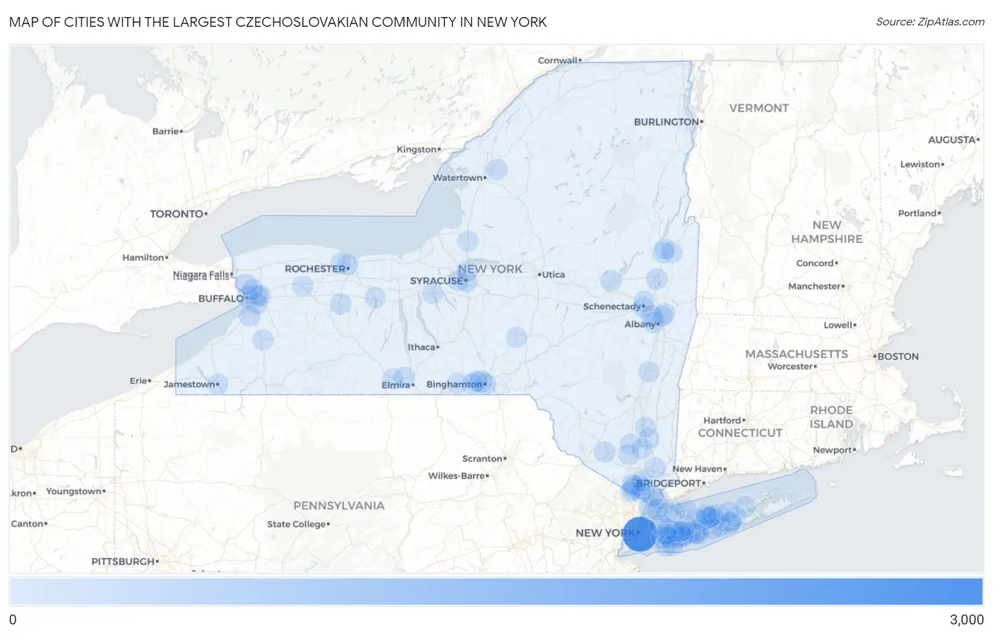 Cities with the Largest Czechoslovakian Community in New York Map