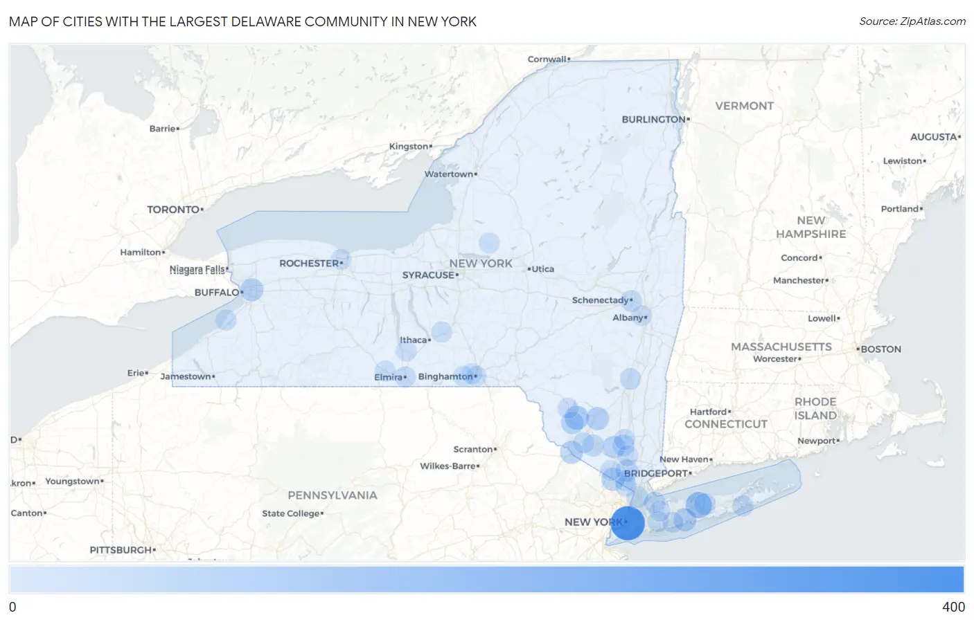 Cities with the Largest Delaware Community in New York Map