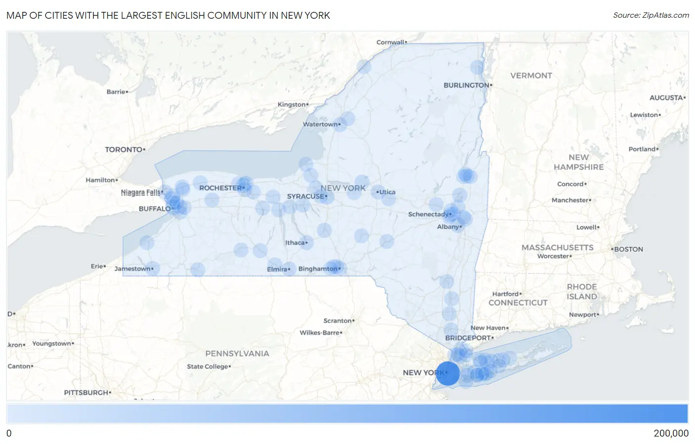 Cities with the Largest English Community in New York Map