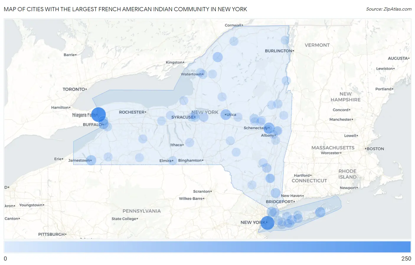 Cities with the Largest French American Indian Community in New York Map