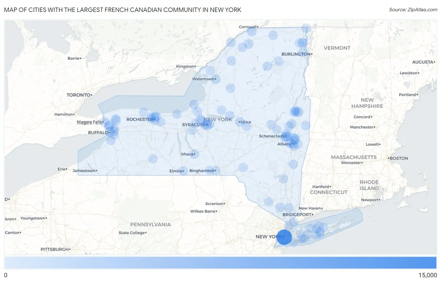 Cities with the Largest French Canadian Community in New York Map