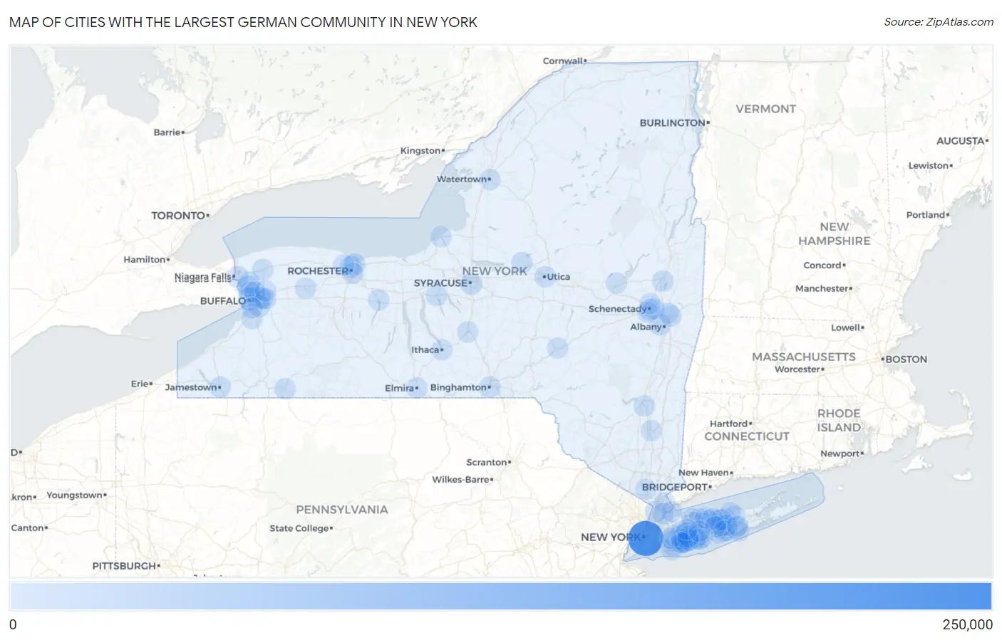 Cities with the Largest German Community in New York Map