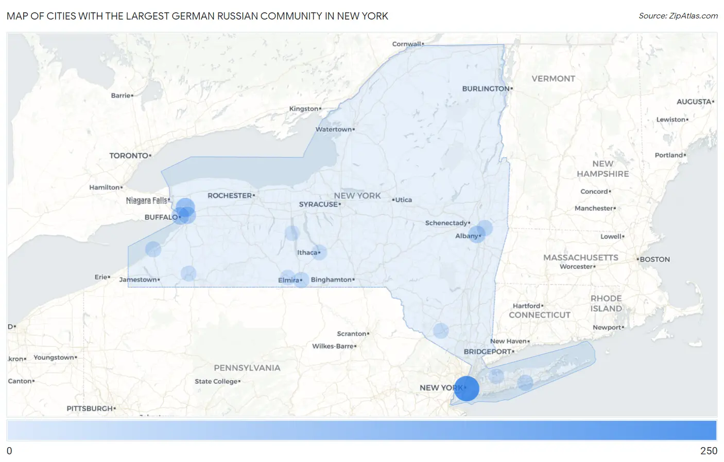 Cities with the Largest German Russian Community in New York Map