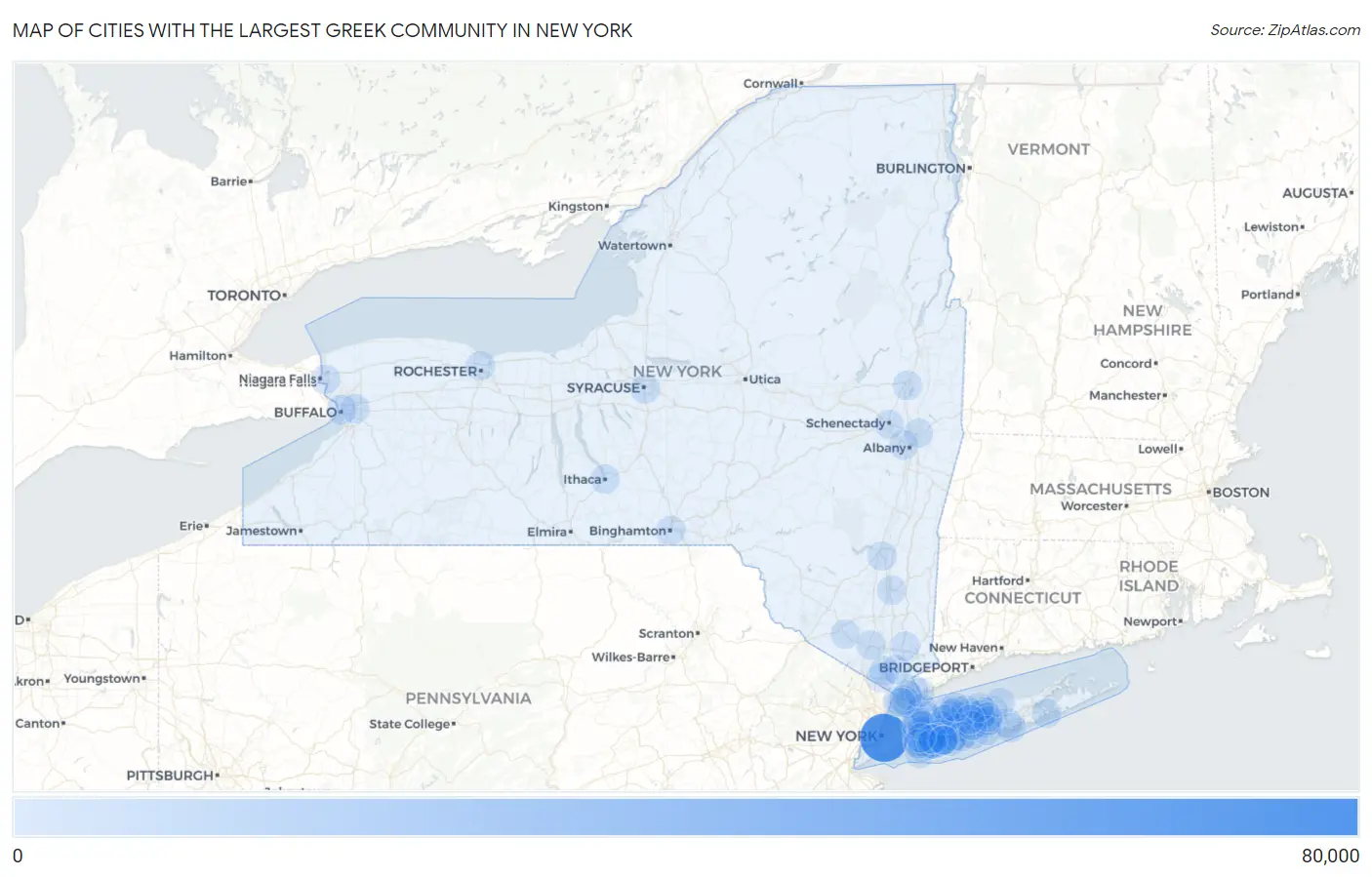 Cities with the Largest Greek Community in New York Map