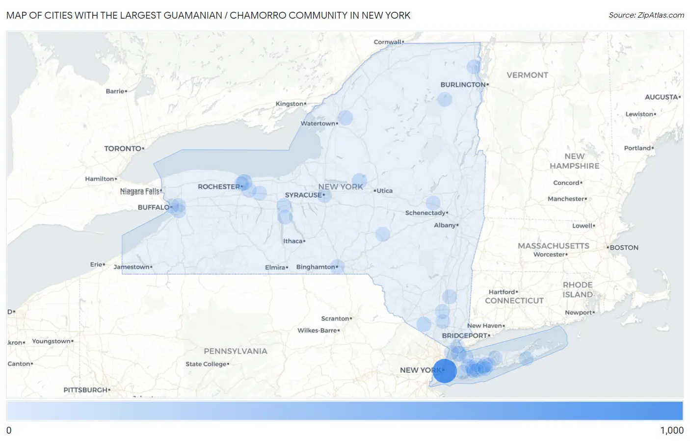 Cities with the Largest Guamanian / Chamorro Community in New York Map