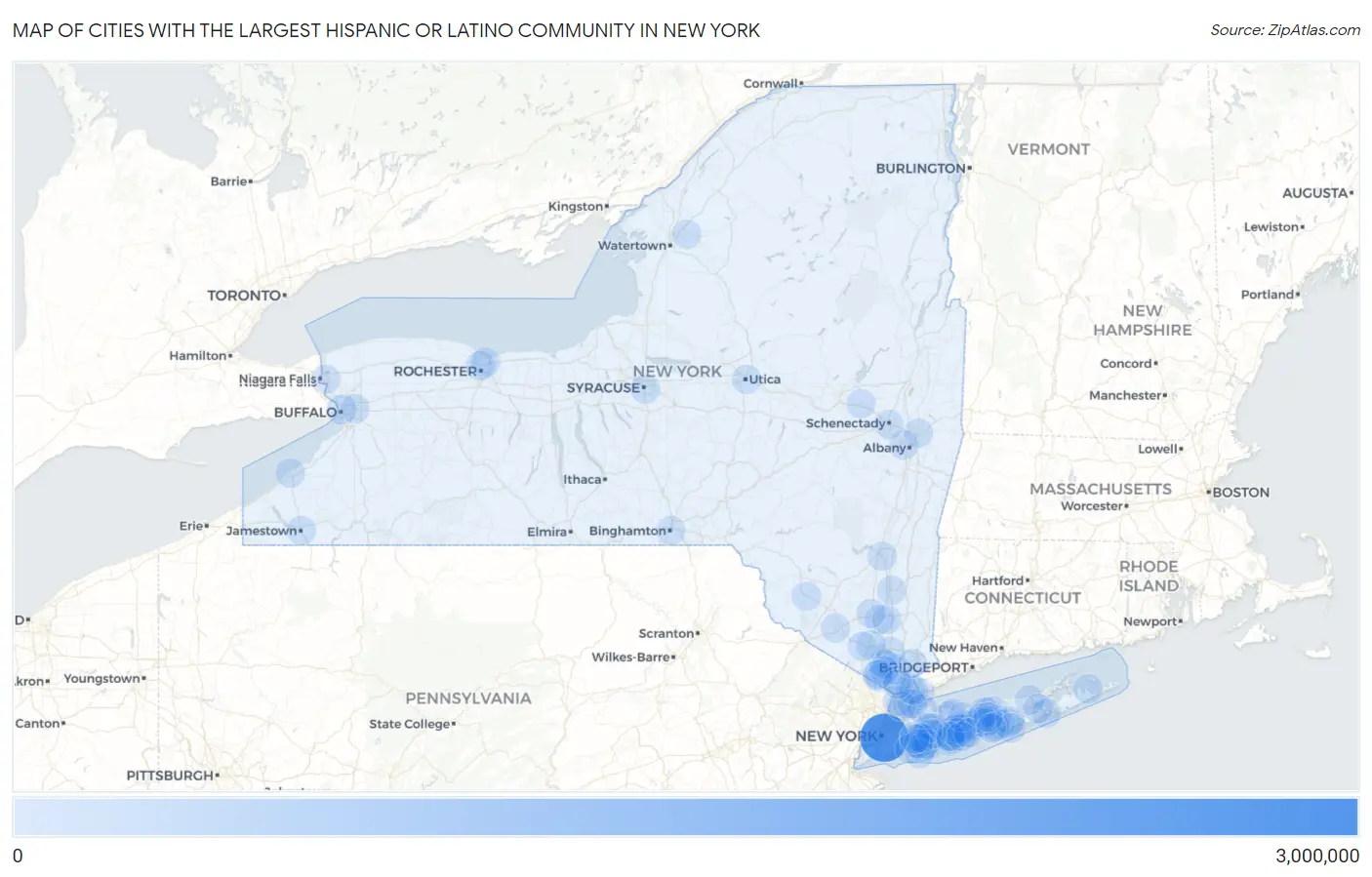 Cities with the Largest Hispanic or Latino Community in New York Map
