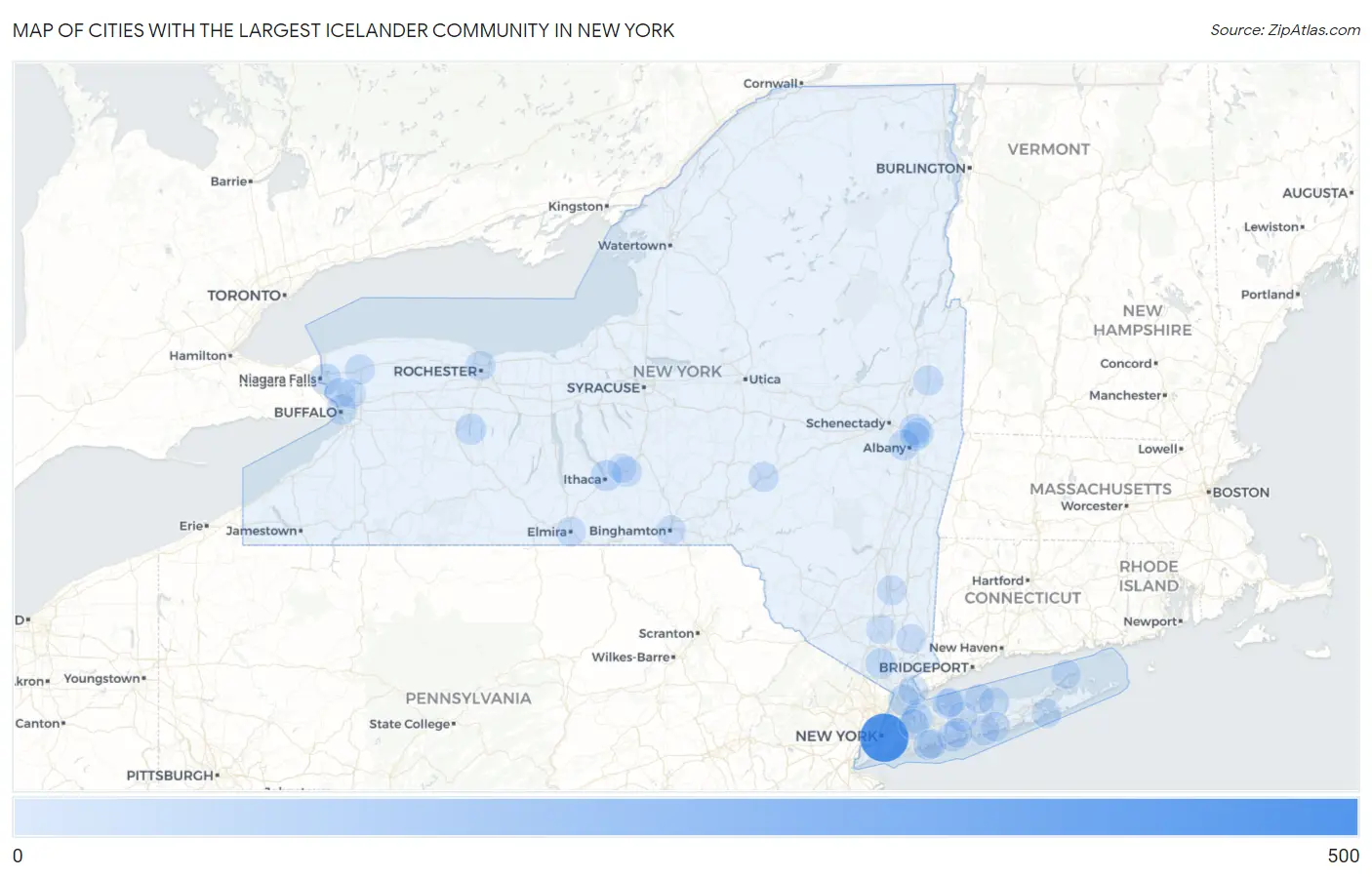 Cities with the Largest Icelander Community in New York Map
