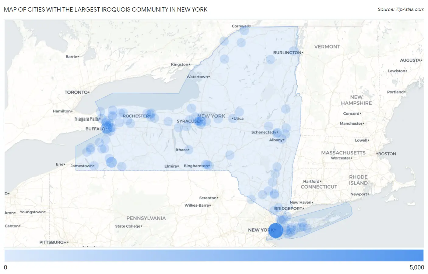 Cities with the Largest Iroquois Community in New York Map